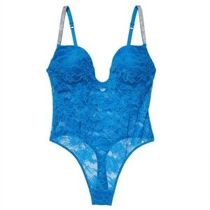 •NWT Victorias Secret Bright Blue Lace Shine Strap Lace Teddy | Size Medium